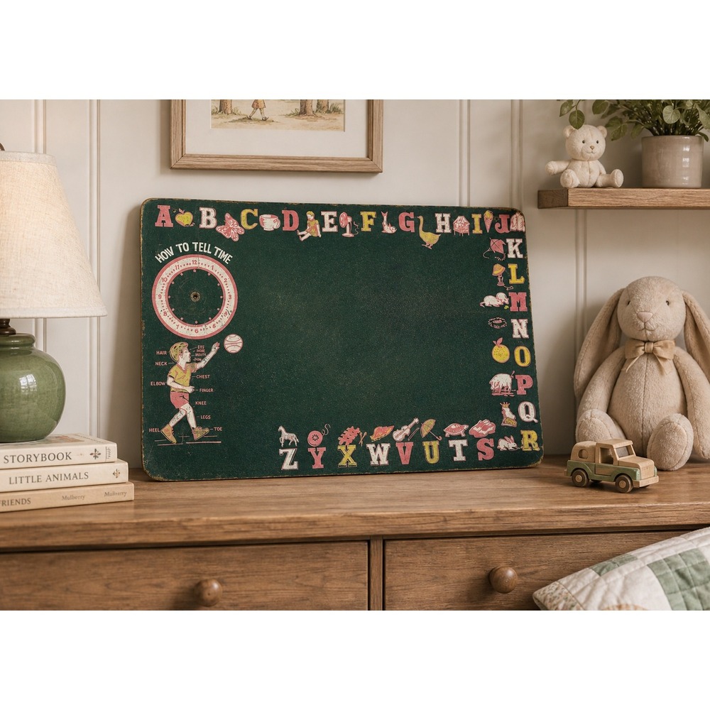 Vintage Alphabet Chalkboard Green Schoolhouse Clock Educational Decor 24x16